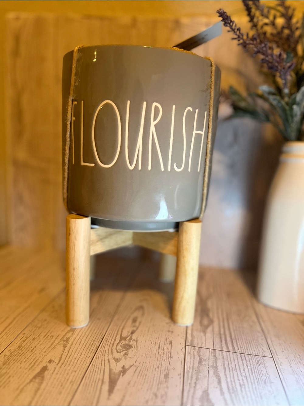 Rae Dunn Gray Ceramic "FLOURISH" Planter on Wood Stand NWT